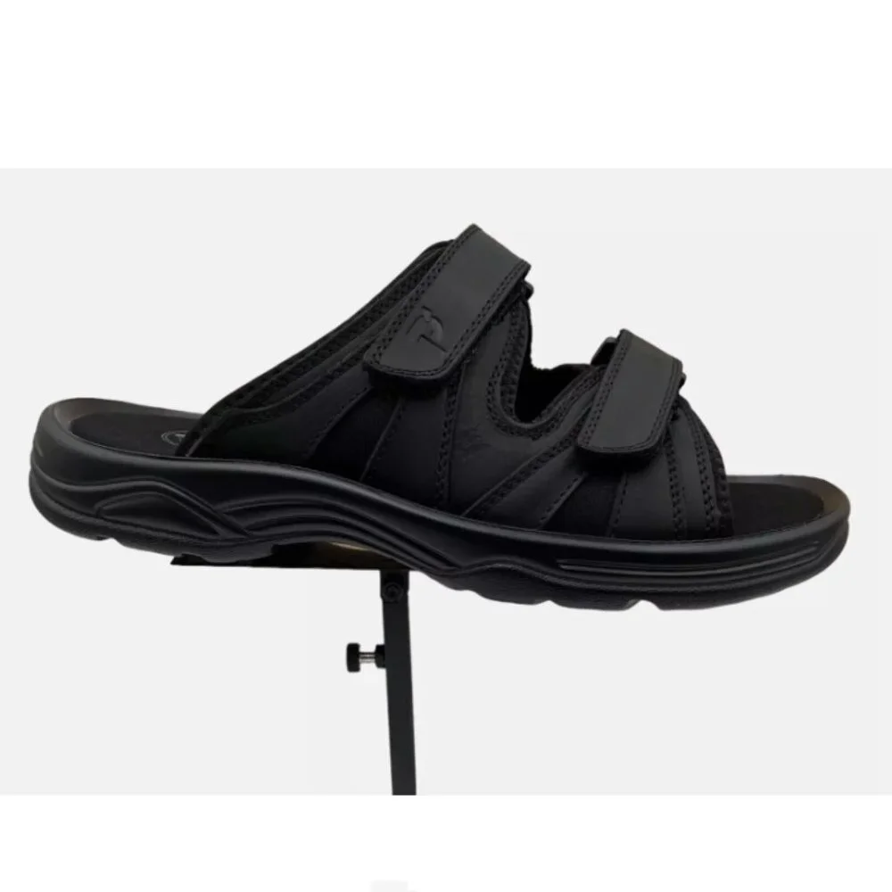 Propet Men's Slip-on Leather Sandals Size 10 Black Adjustable Straps Lightweight